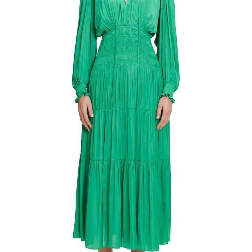 Maje Women Small Green Rovel Dress Long Sleeve Pleated Effect Smocked Waist Midi